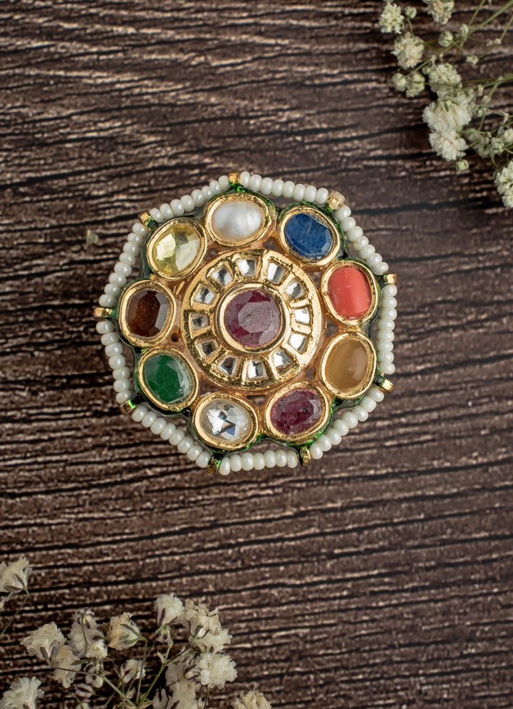 Gold Plated Multi Kundan And Polki Ring