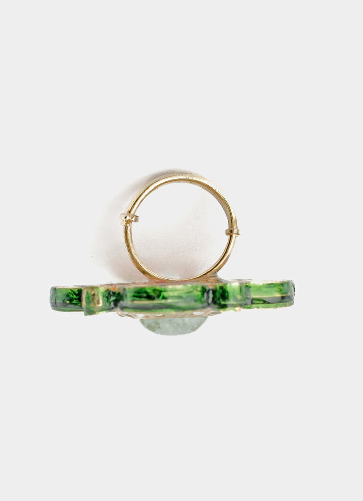 Gold Plated Green Floral Kundan Ring