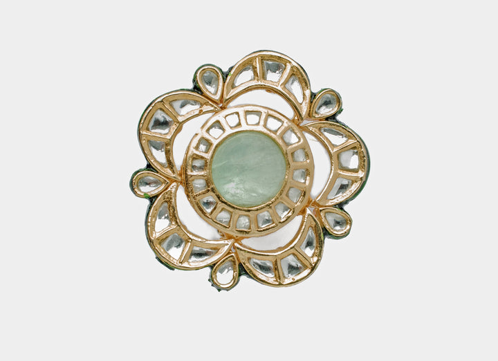 Gold Plated Green Floral Kundan Ring