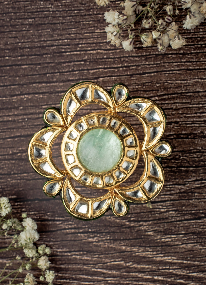 Gold Plated Green Floral Kundan Ring
