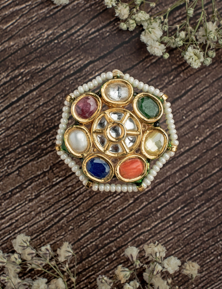 Gold Plated Multi Navratan Kundan And Polki Ring