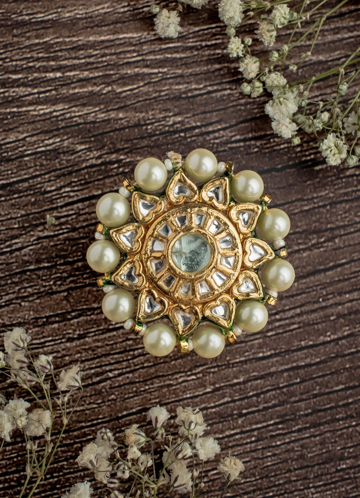 Gold Plated Green Kundan And Polki Ring