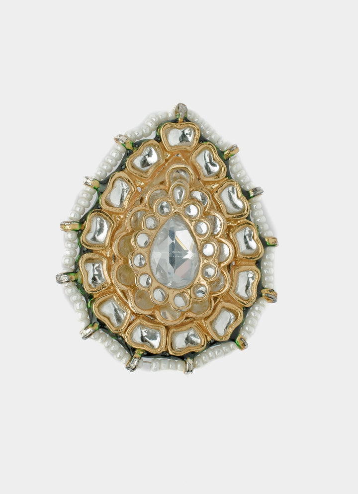 Gold Plated Teardrop Kundan And Polki Ring