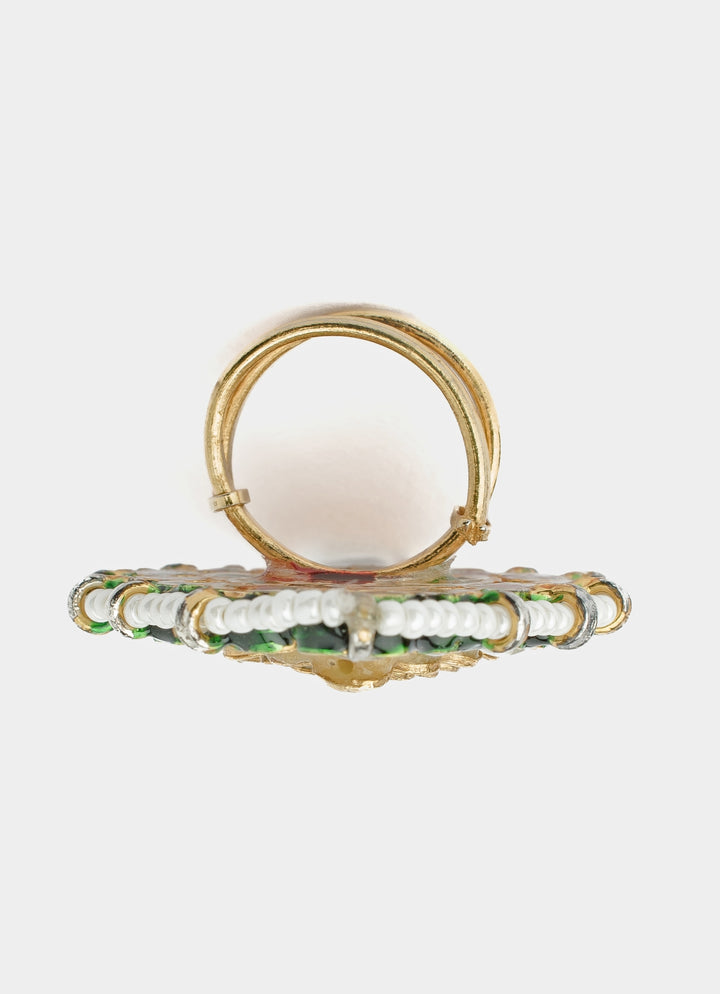 Gold Plated Teardrop Kundan And Polki Ring