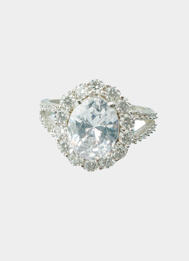 Silver Plated White Oval Cut Zircon Ring
