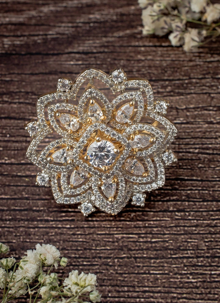 Silver Plated Floral Layered White Zircon Ring