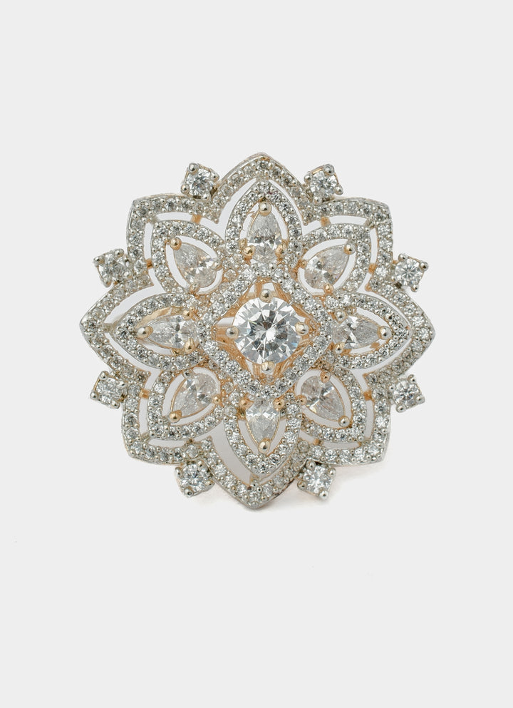 Silver Plated Floral Layered White Zircon Ring