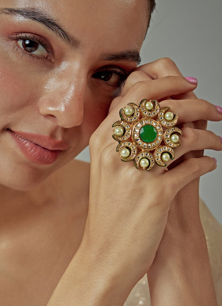 Gold Plated Green And Pearl Ring