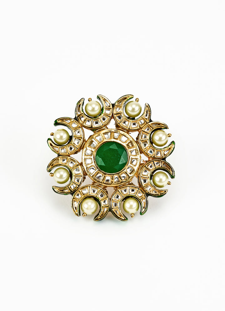 Gold Plated Green And Pearl Ring