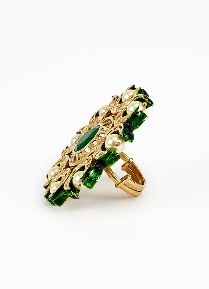 Gold Plated Green And Pearl Ring