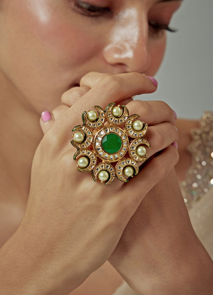 Gold Plated Green And Pearl Ring