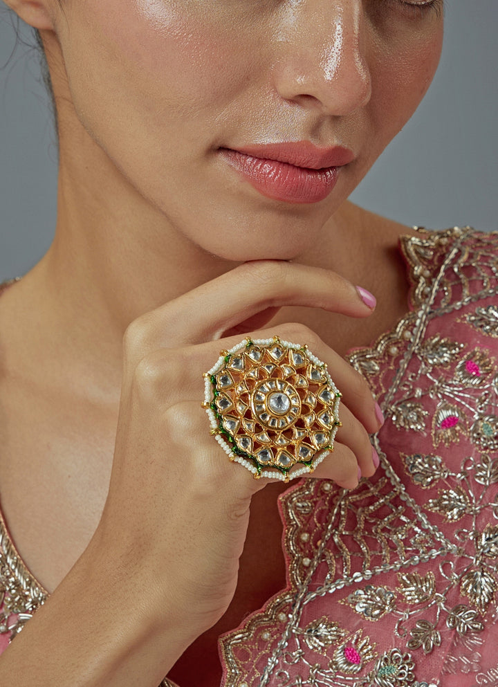 Gold Plated Green Stone Kundan And Polki Ring