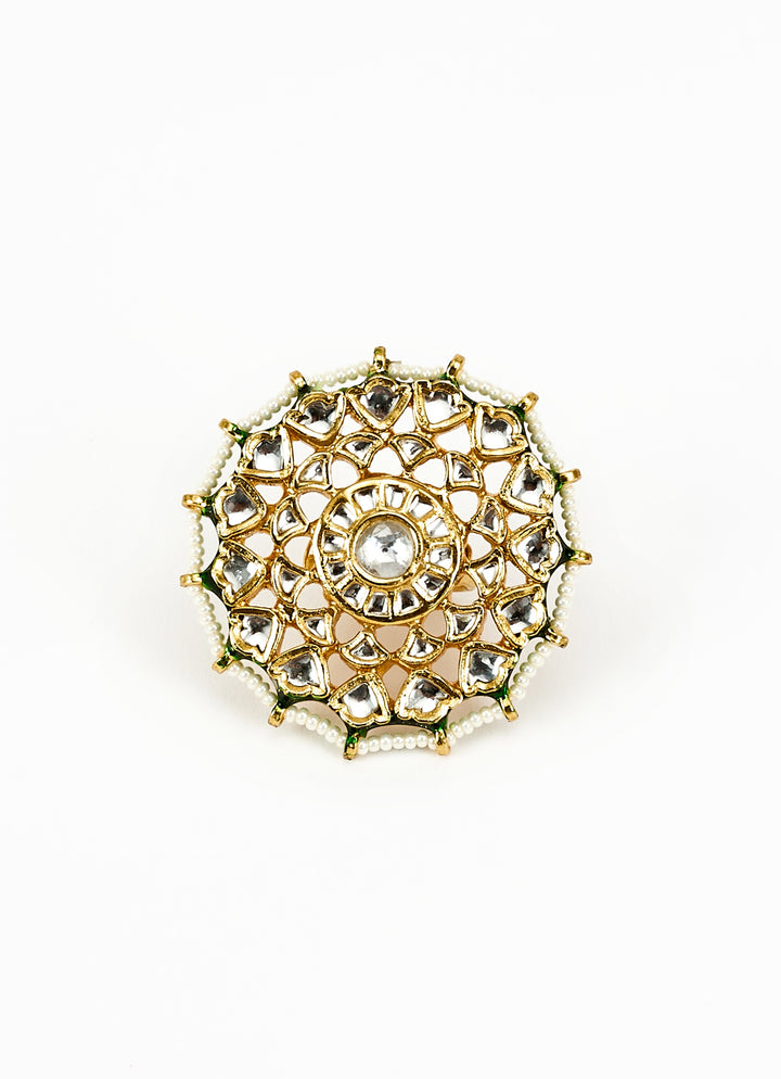 Gold Plated Green Stone Kundan And Polki Ring