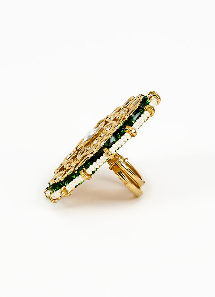 Gold Plated Green Stone Kundan And Polki Ring