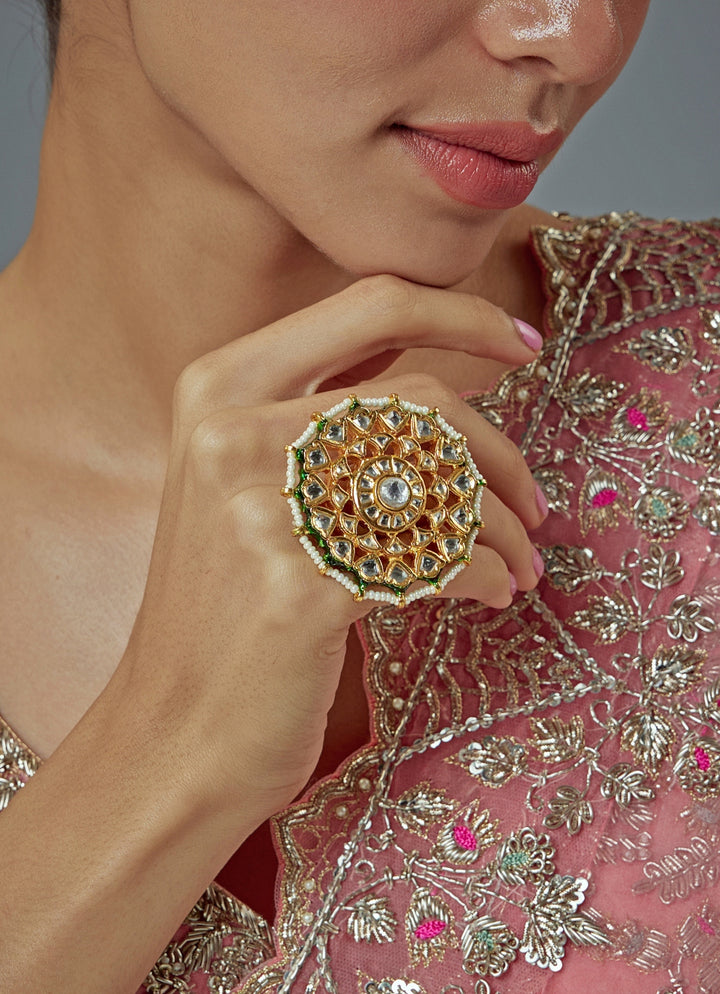 Gold Plated Green Stone Kundan And Polki Ring