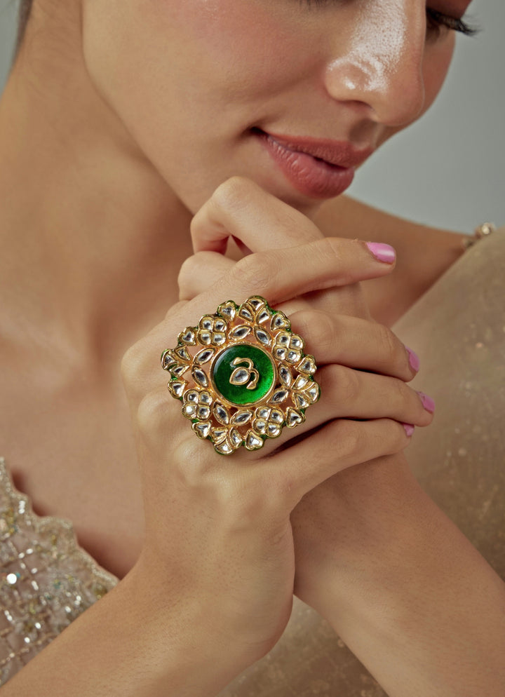 Gold Plated Green Meenakari And Kundan Studded Ring