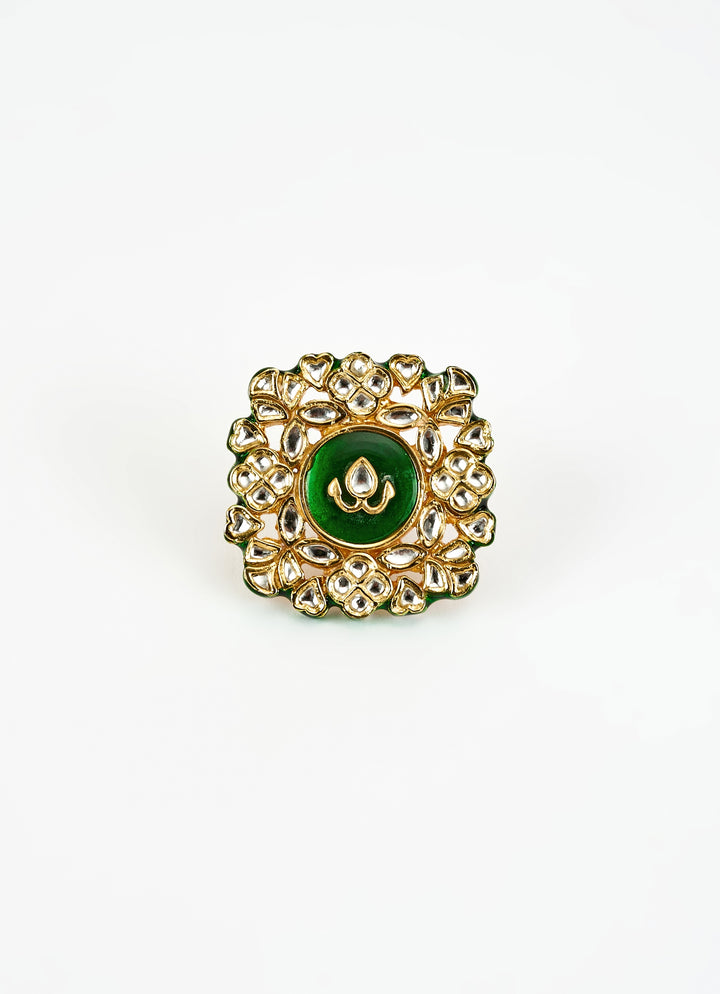 Gold Plated Green Meenakari And Kundan Studded Ring