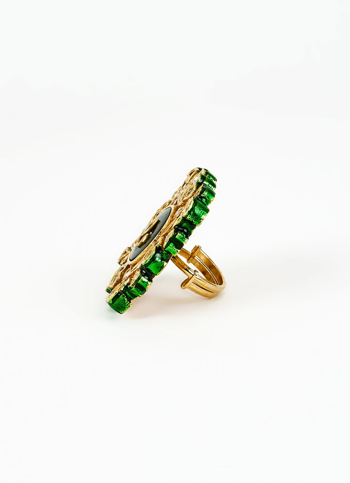 Gold Plated Green Meenakari And Kundan Studded Ring