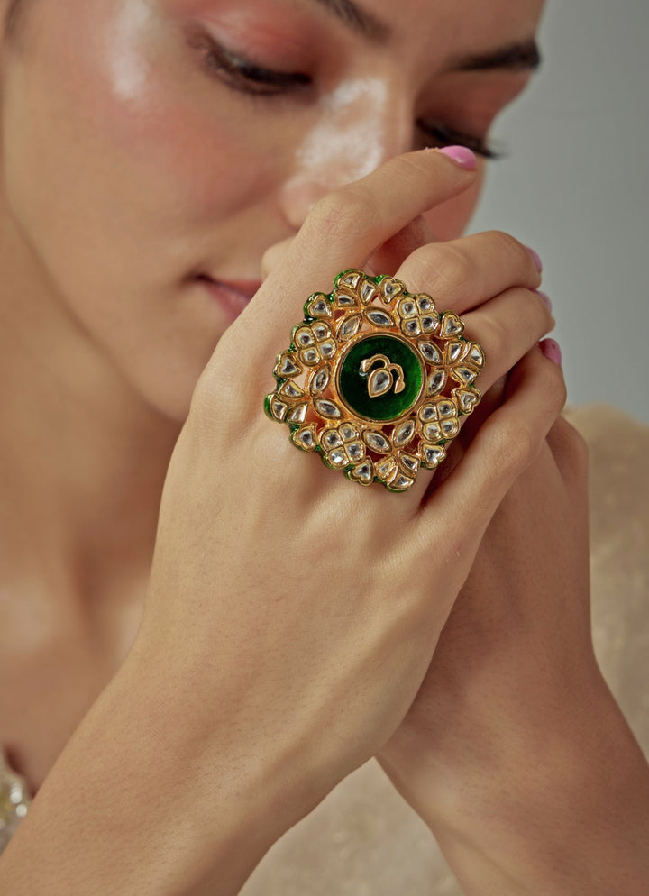 Gold Plated Green Meenakari And Kundan Studded Ring