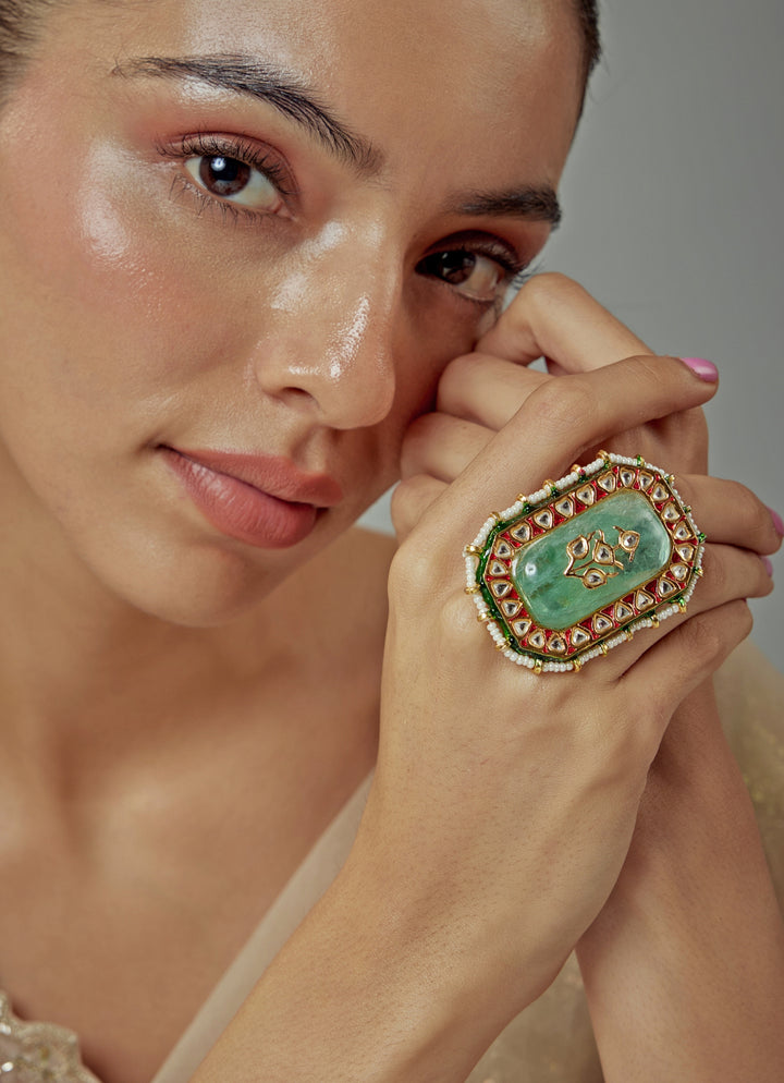 Gold Plated Green Meenakari Floral Ring