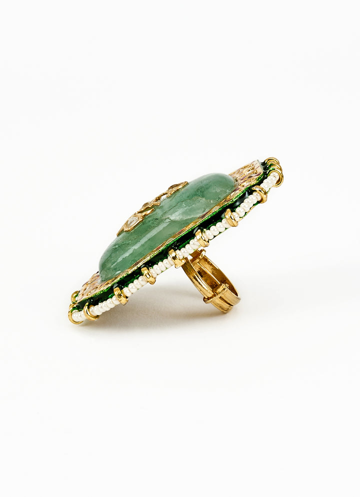 Gold Plated Green Meenakari Floral Ring