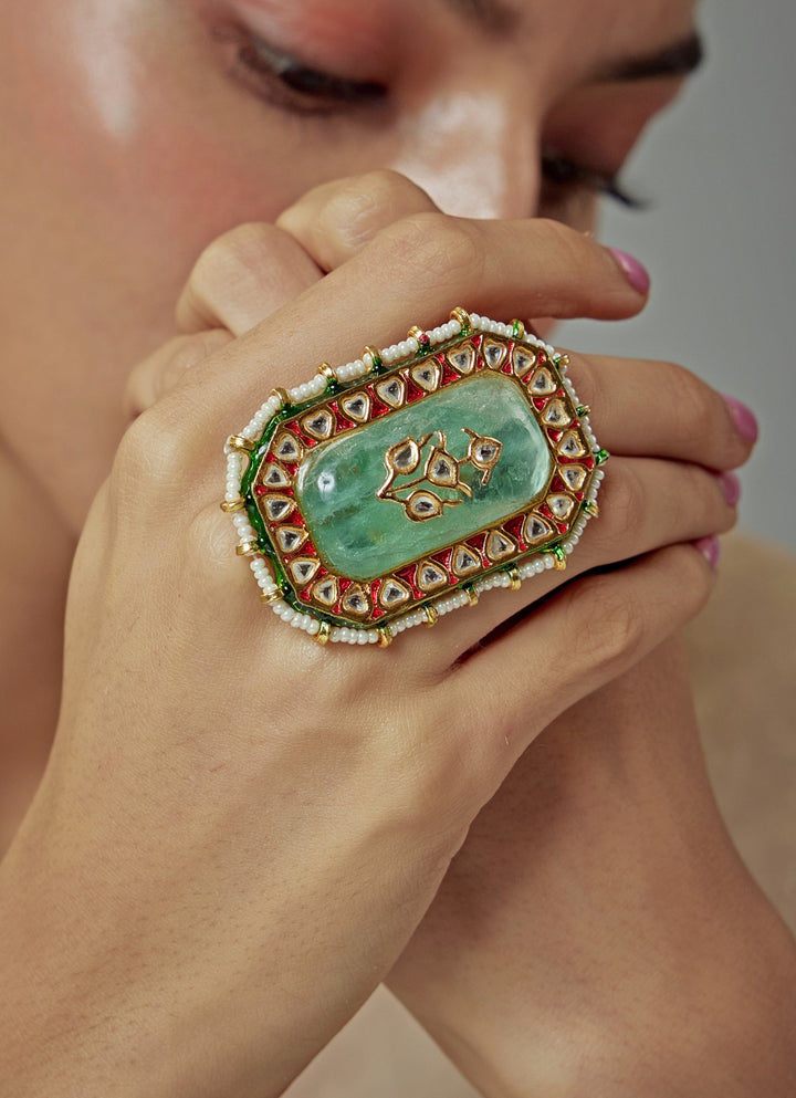 Gold Plated Green Meenakari Floral Ring