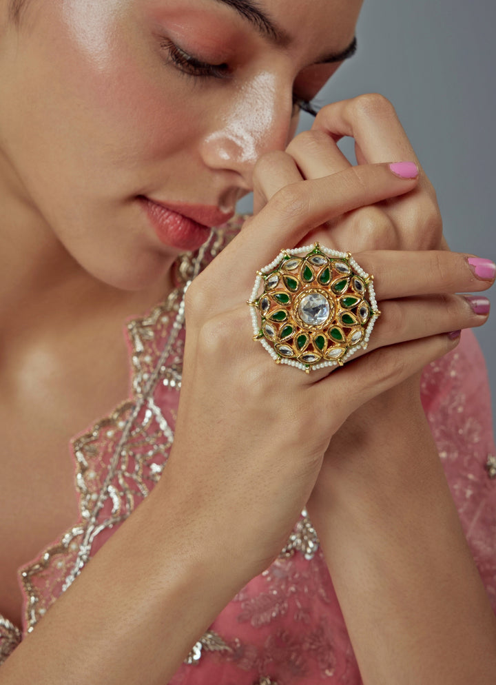 Gold Plated White Kundan Green Stone And Polki Ring