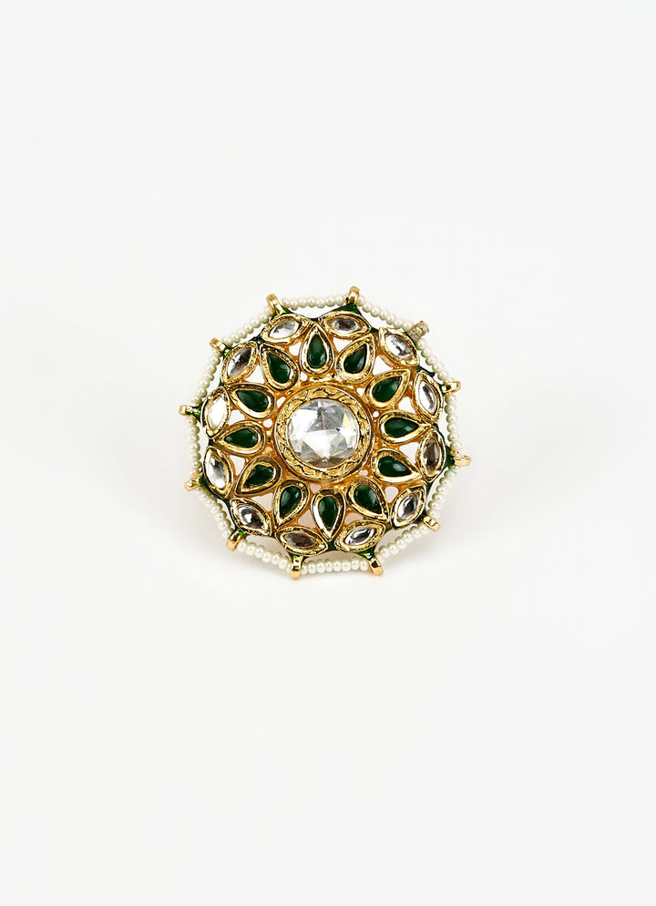Gold Plated White Kundan Green Stone And Polki Ring
