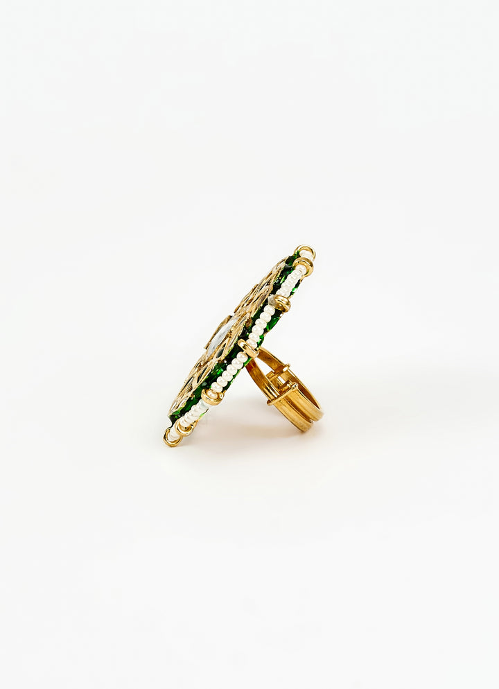 Gold Plated White Kundan Green Stone And Polki Ring