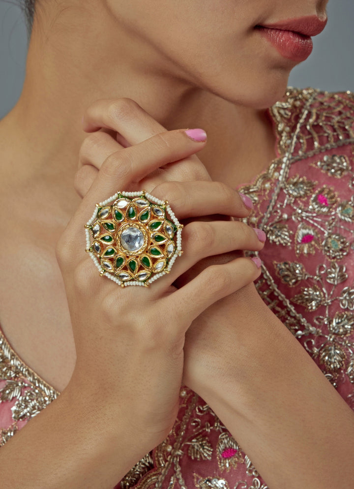 Gold Plated White Kundan Green Stone And Polki Ring