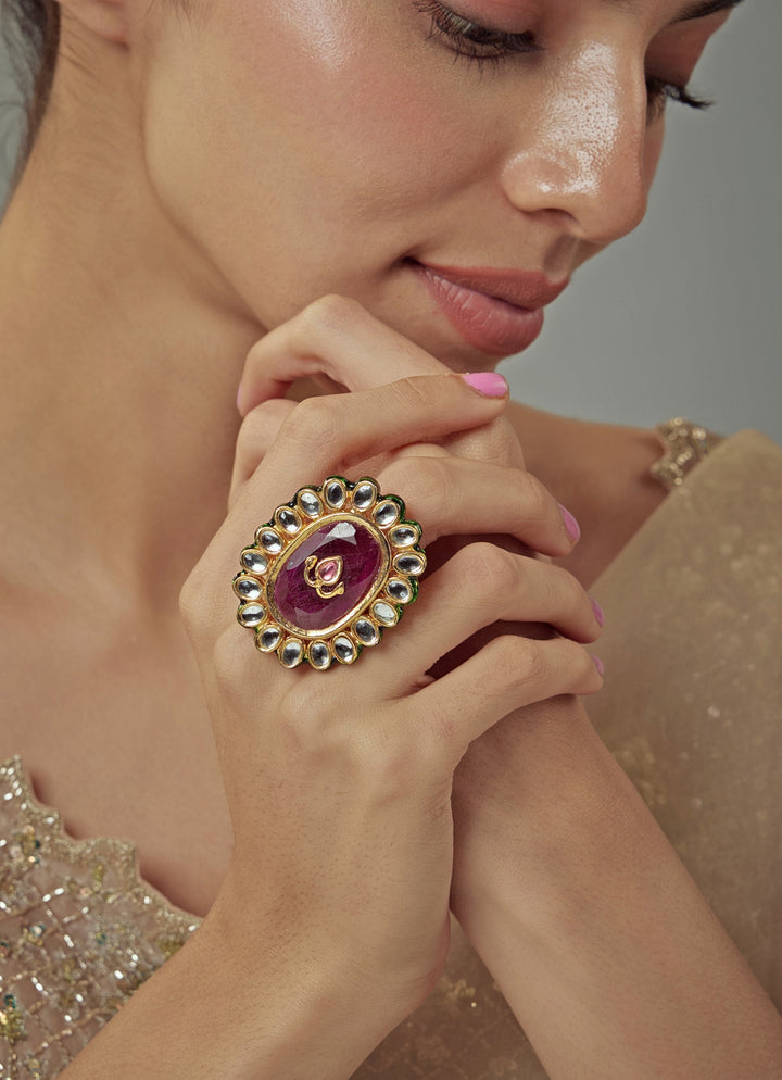 Gold Plated Oval Design Red Ruby And Kundan Ring