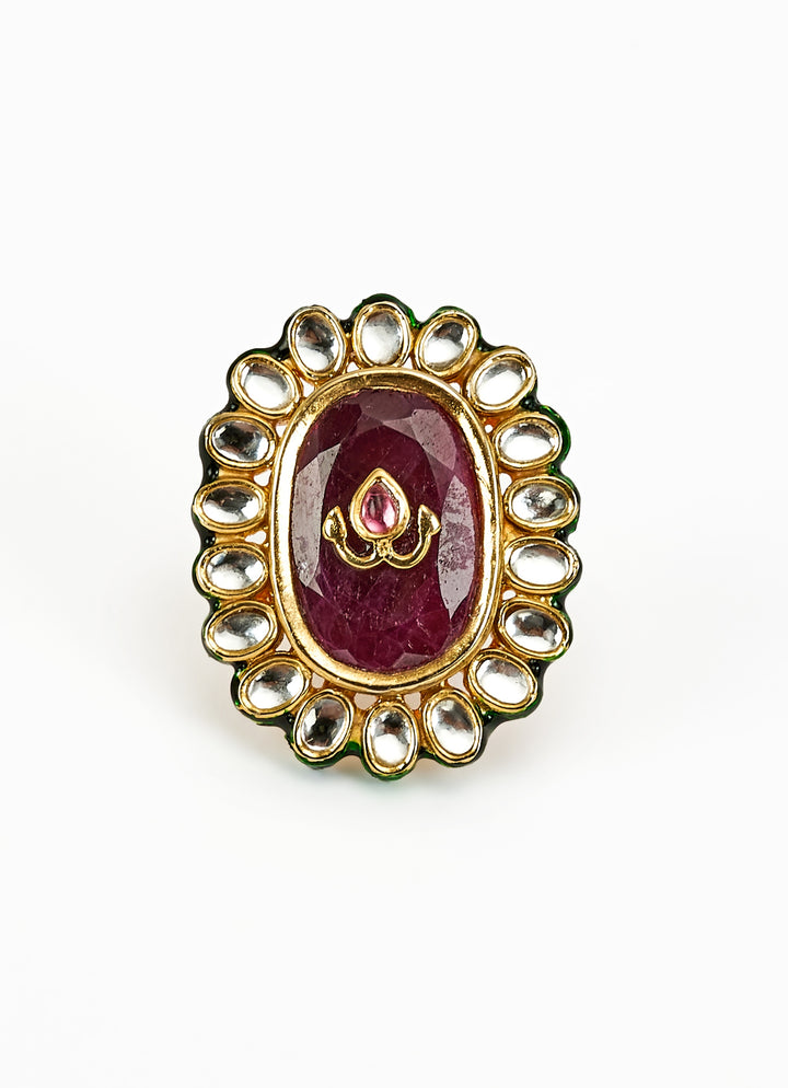 Gold Plated Oval Design Red Ruby And Kundan Ring