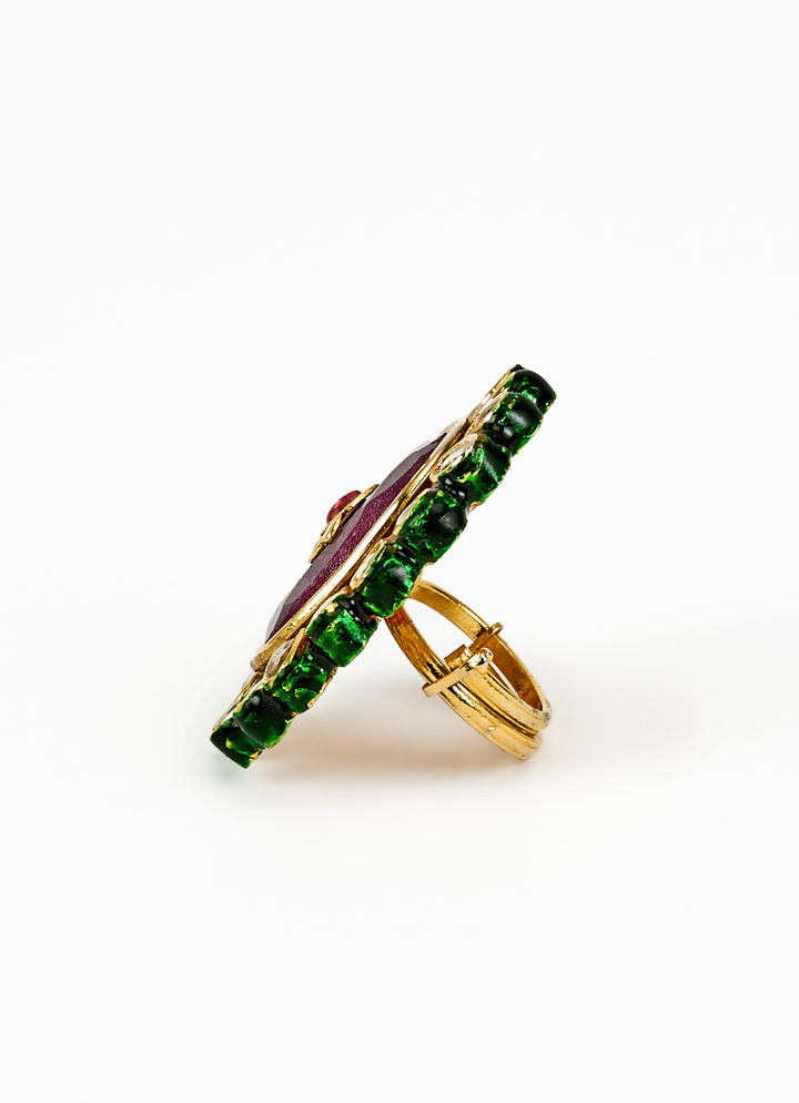 Gold Plated Oval Design Red Ruby And Kundan Ring