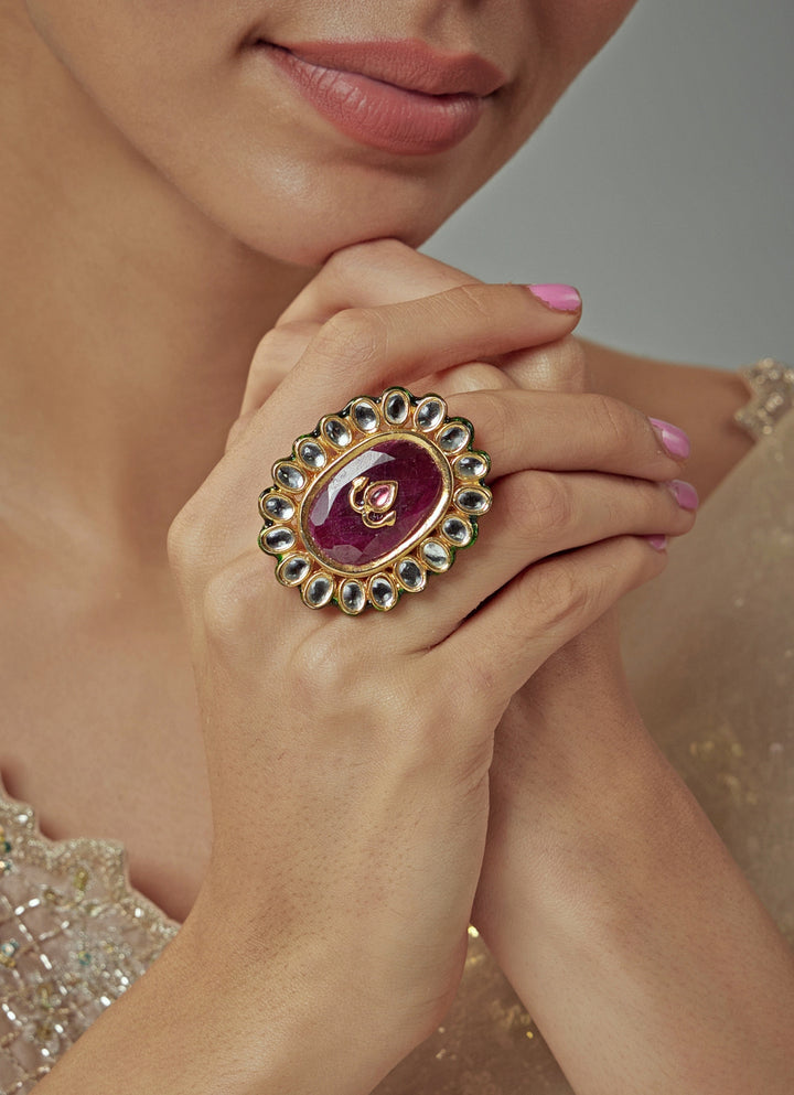 Gold Plated Oval Design Red Ruby And Kundan Ring