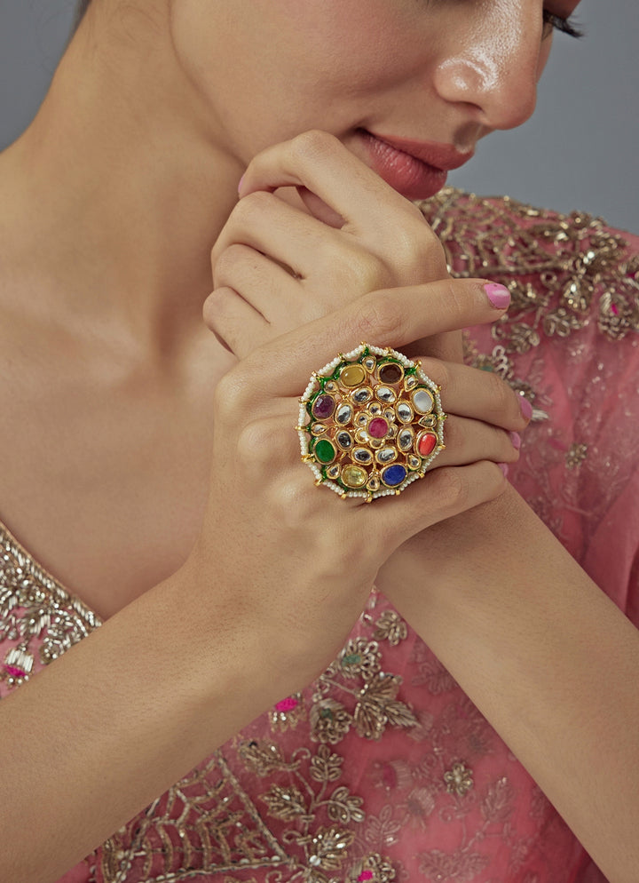 Gold Plated Multi Stone Kundan And Polki Ring