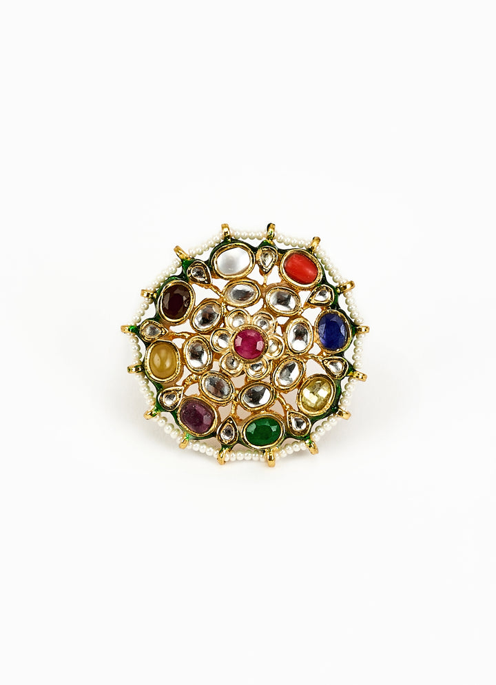 Gold Plated Multi Stone Kundan And Polki Ring