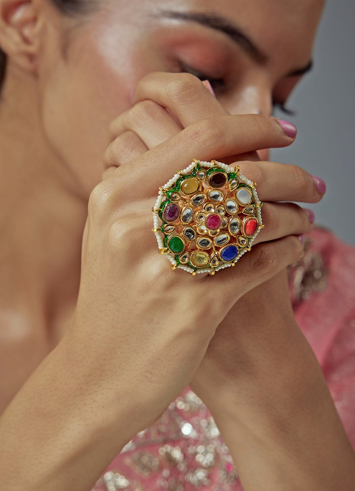 Gold Plated Multi Stone Kundan And Polki Ring