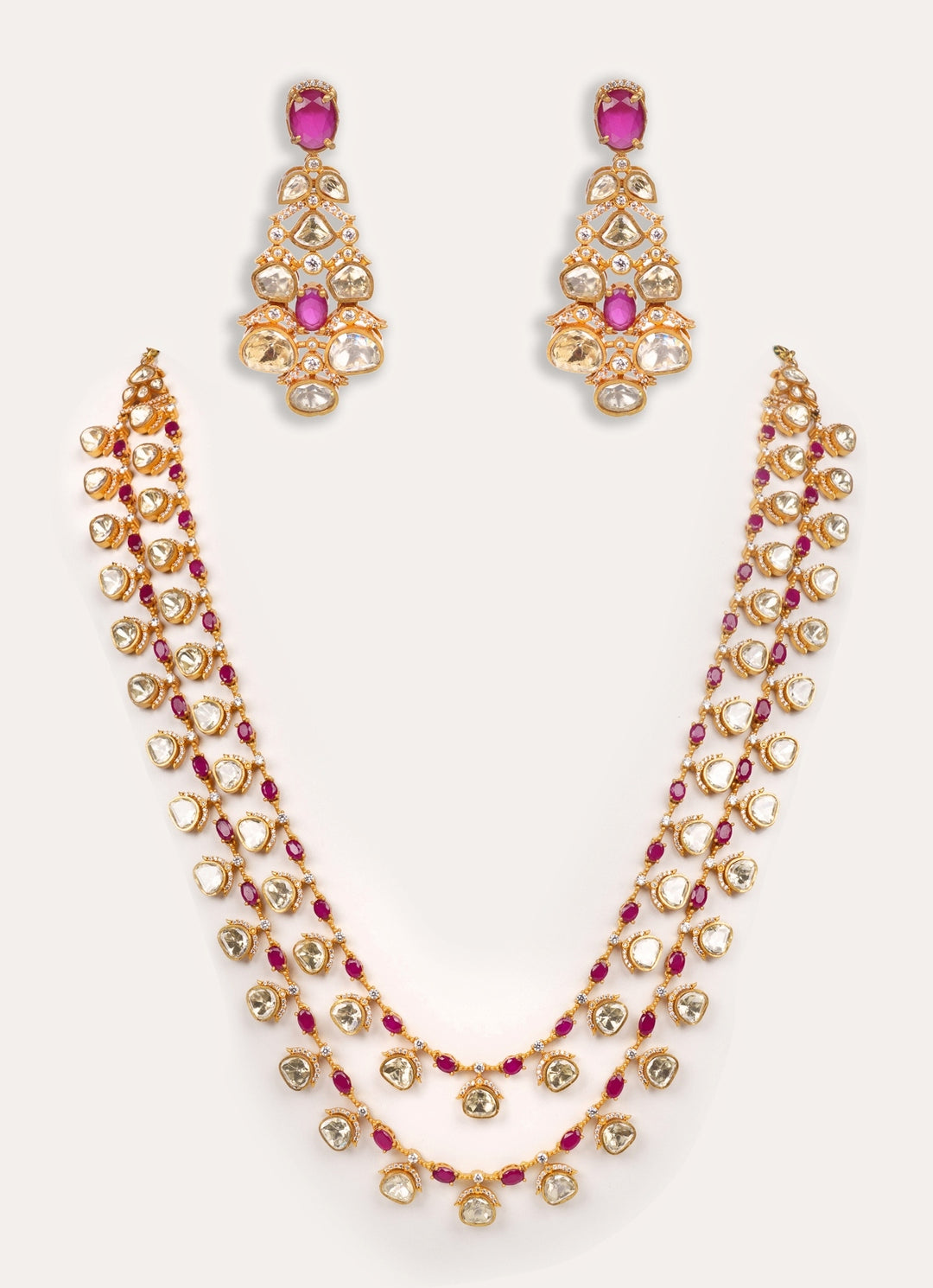 Red Moissanite Stone Gold Long Necklace Set