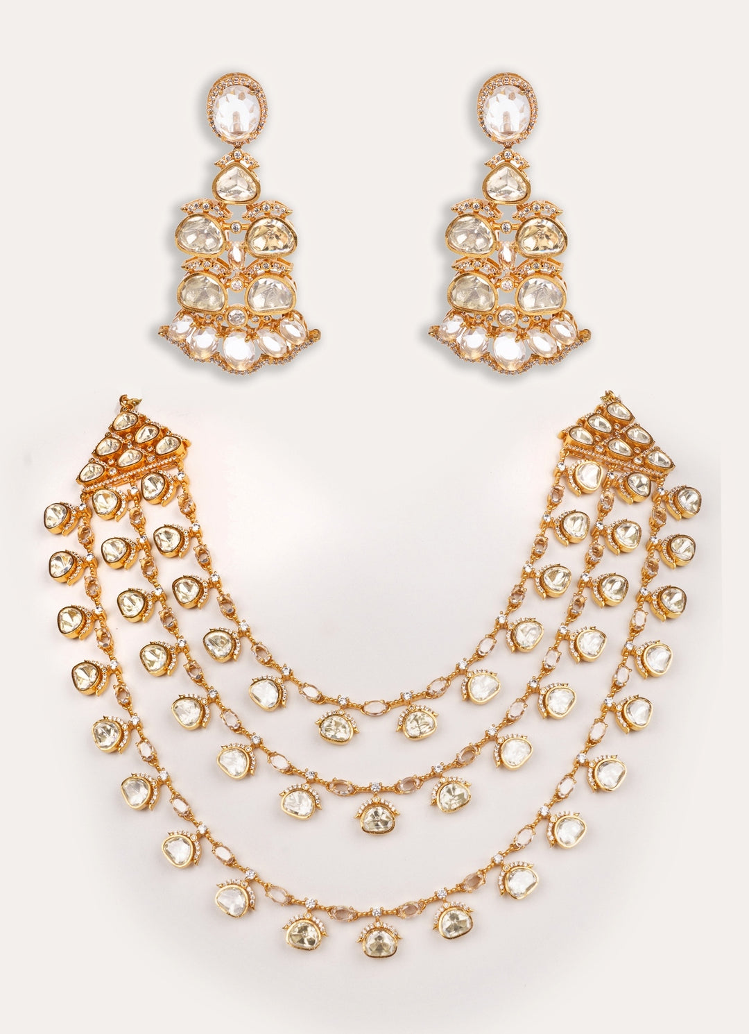 Moissanite Stone 3 Line Gold Long Necklace Set