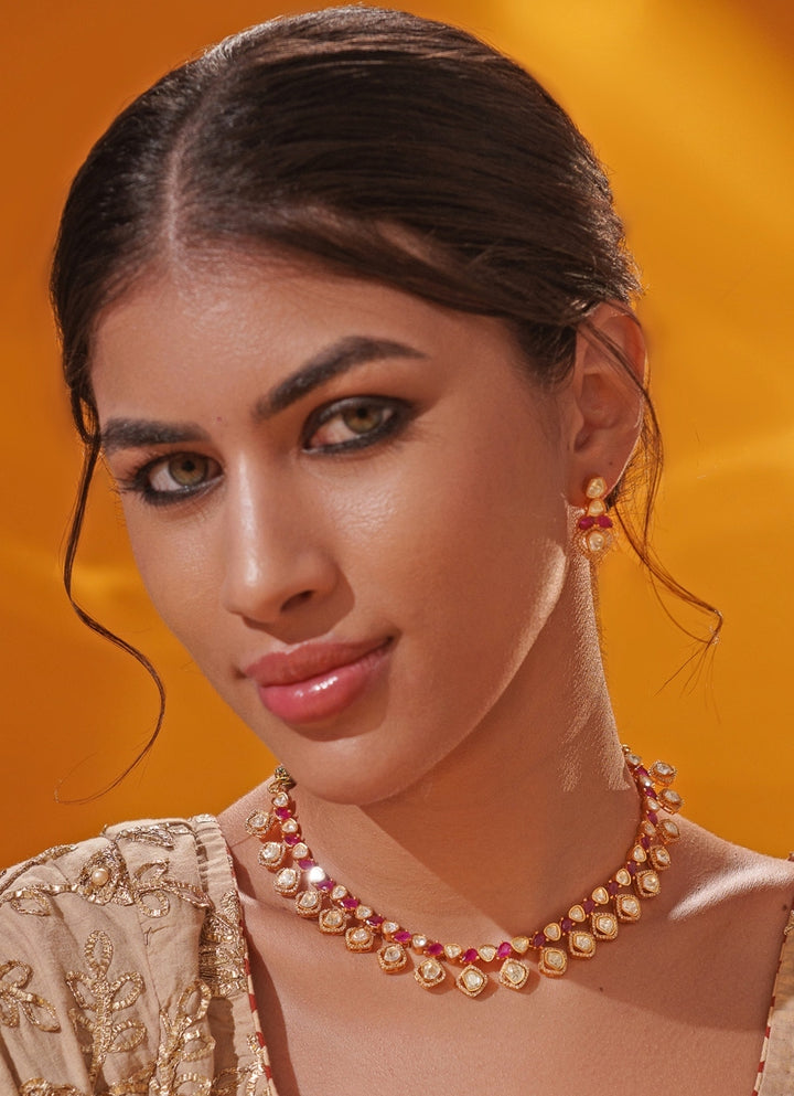 Red Moissanite Stone Gold Necklace Set