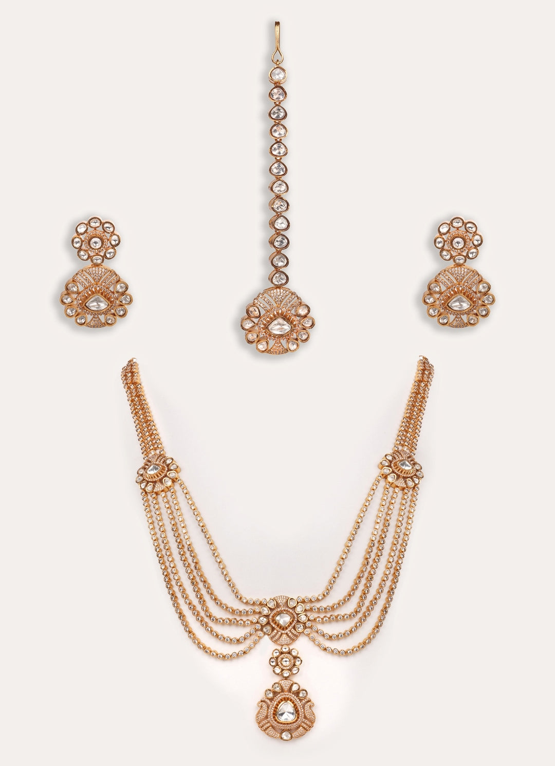 Moissanite Stone Gold Necklace Set With Maangtikka