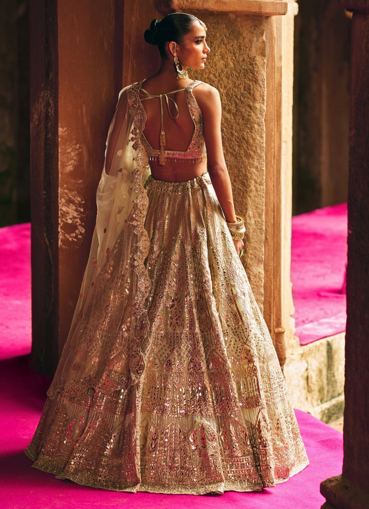 Antique Gold And Mint Green Organza Lehenga Set Angad Singh - Fabilicious Fashion