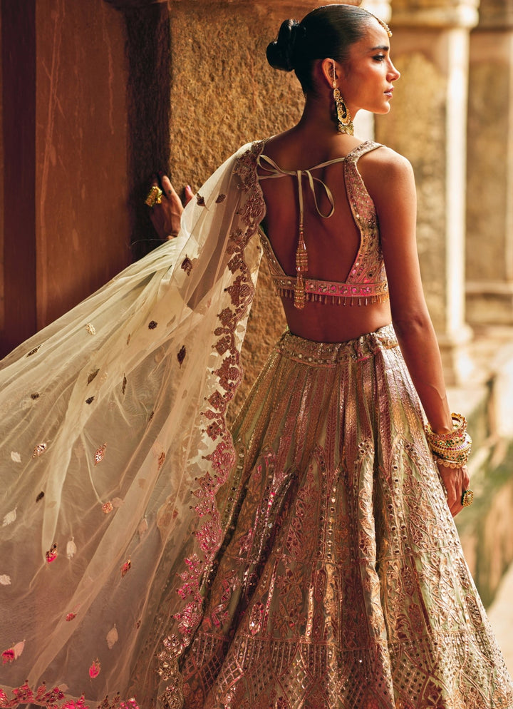 Antique Gold And Mint Green Organza Lehenga Set Angad Singh - Fabilicious Fashion