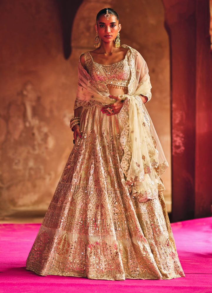 Antique Gold And Mint Green Organza Lehenga Set Angad Singh - Fabilicious Fashion