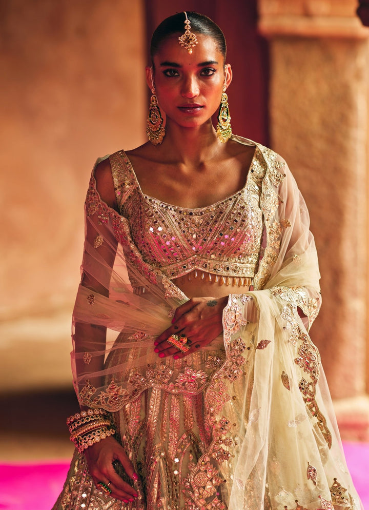 Antique Gold And Mint Green Organza Lehenga Set Angad Singh - Fabilicious Fashion
