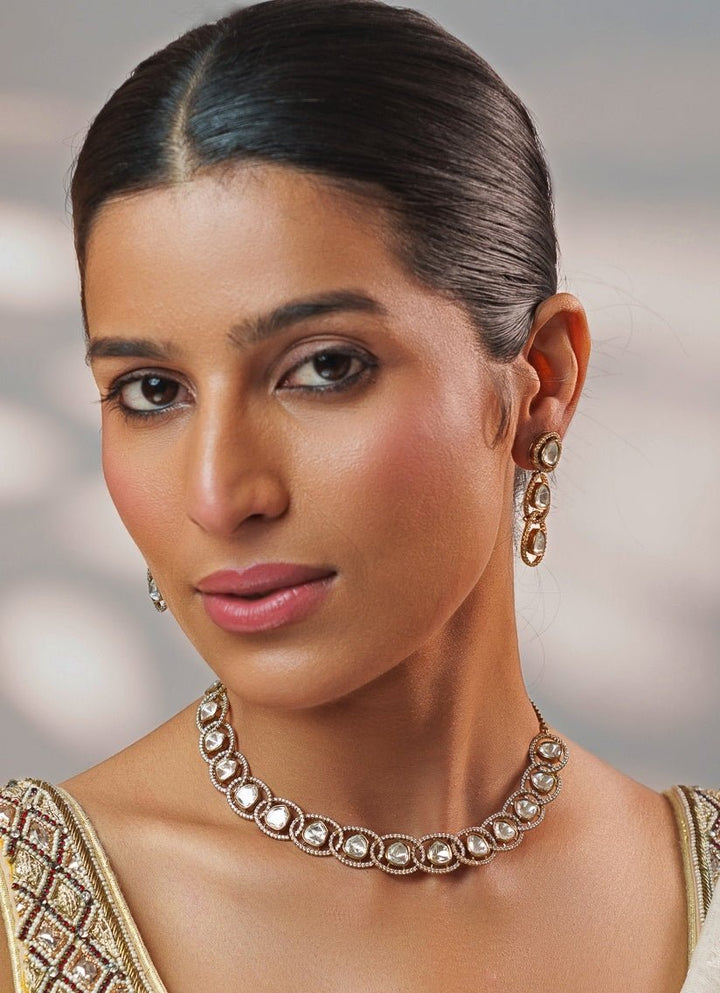 Antique Gold Polki Necklace Set Zevar by Geeta - Fabilicious Fashion