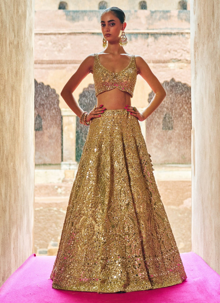 Antique Gold Soft Net Lehenga Set Angad Singh - Fabilicious Fashion