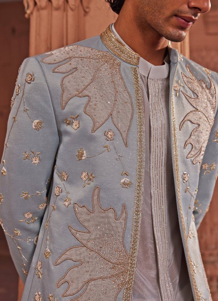 Aqua Blue Applique Sherwani Set Contrast By Parth - Fabilicious Fashion