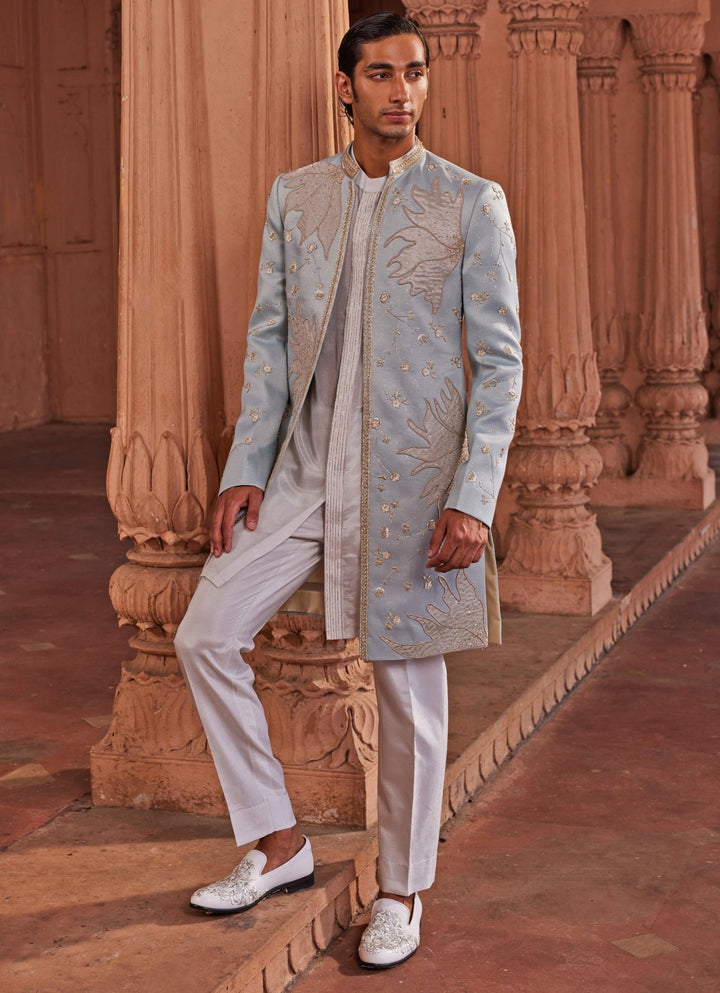 Aqua Blue Applique Sherwani Set Contrast By Parth - Fabilicious Fashion