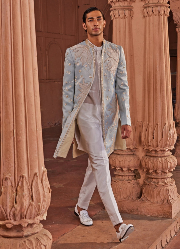 Aqua Blue Applique Sherwani Set Contrast By Parth - Fabilicious Fashion